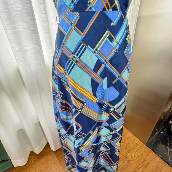 Vintage 60s halter maxi dress, blue orange abstract pattern, Norbert Carlin, 0/2 - Picture 4 of 15